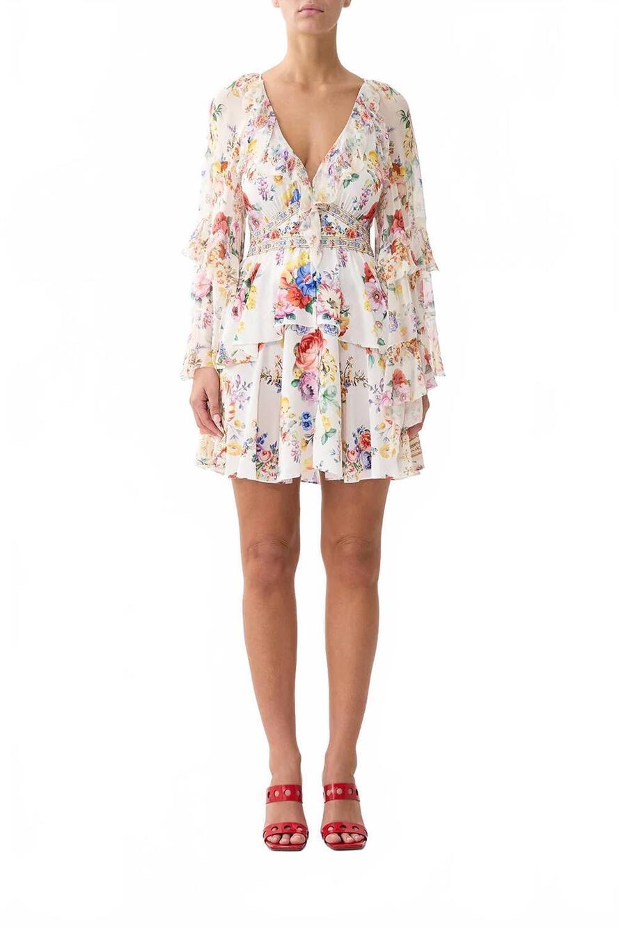 NEW CAMILLA short waistband dress with ruffle sleeve in i left my heart in grana